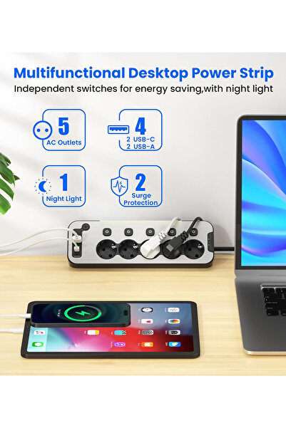 Aksesuarcı Bağımsız Anahtarlı 5'li Işıklı Akım Korumalı Çoklu Priz, 2x USB - 2x Type-C Giriş, Metal Ön Panel