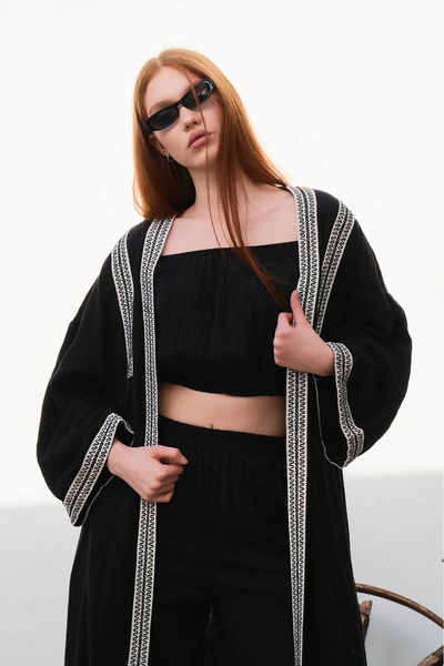 Neşeli Butik Women's Linen Embroidery Detailed Top and Bottom Kimono Suit Nbd...