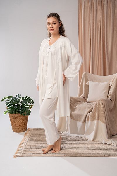 LOHOUSE Women's Ecru Collar Lace Special Design Maternity Pregnant 3-Piece Pajama Set