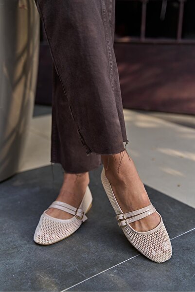 Madamra Béžové dámské baleríny se síťovinou s dvojitým páskem