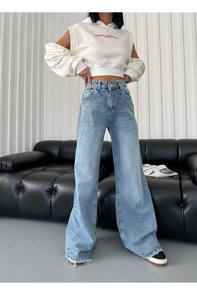 Son Bazar Pantaloni Palazzo cu picior lat pentru femei, blugi din denim (SPĂLARE ZĂPADĂ)