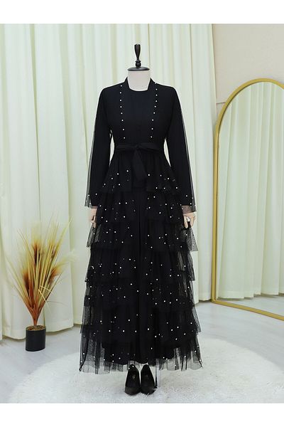 Modamorfo Φούστα Layered Spreader Pearl Tulle Abaya Σετ -Μαύρο