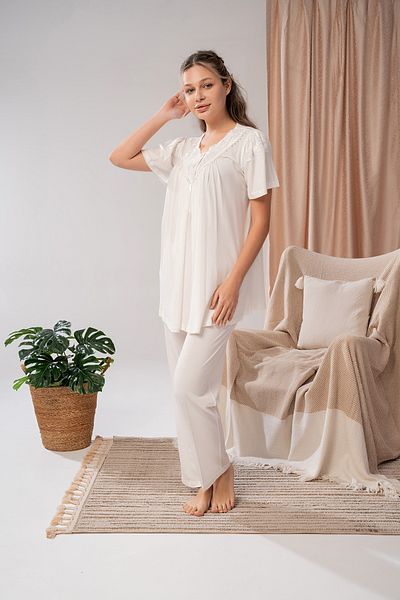 LOHOUSE Women's Ecru Collar Lace Special Design Maternity Pregnant 3-Piece Pajama Set