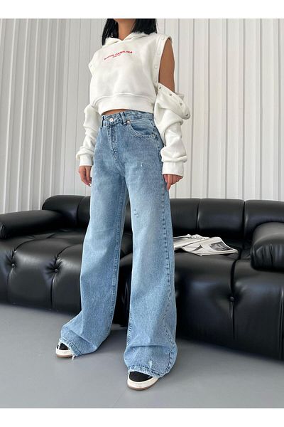 Son Bazar Pantaloni Palazzo cu picior lat pentru femei, blugi din denim (SPĂLARE ZĂPADĂ)