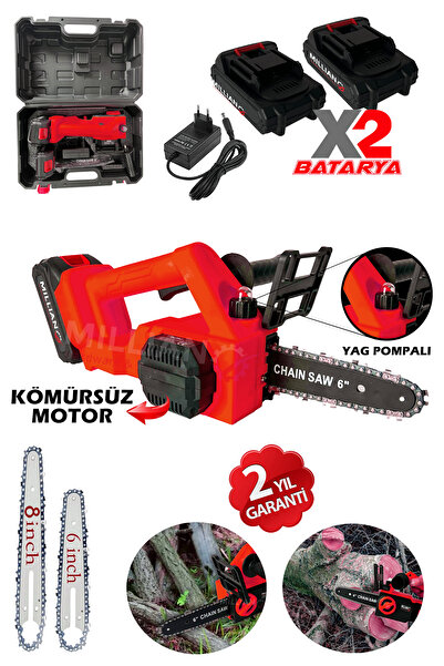 Millian Kömürsüz Motor Yağ Pompalı Dal Budama Testeresi Çift Bataryalı Çift Palalı Akülü Ağaç Kesme Makinesi