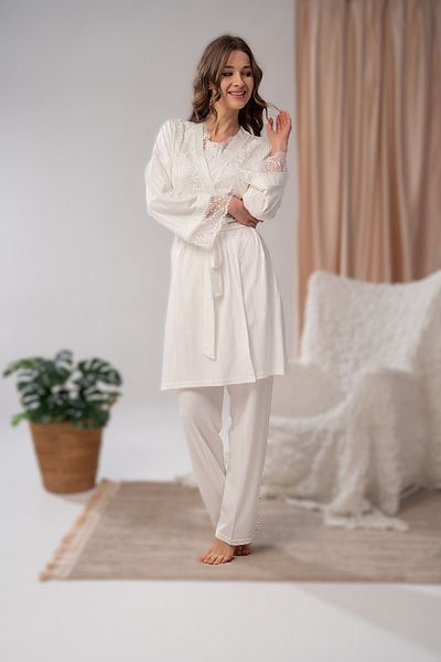 Pelin Women's Jacquard Striped Lace Maternity Maternity 3-Piece Pajama Set