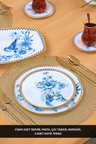 Glore Mavi Kuş 27 Parça 6 Kişilik Pasta Servis Takımı