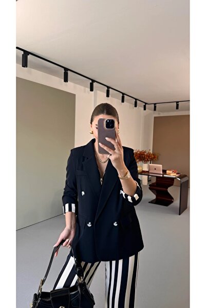 QİMYA BUTİK BEBE PLUS Жіночий класичний піджак з крепової тканини з смугастими деталями на спині та манжетах