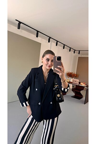 QİMYA BUTİK BEBE PLUS Жіночий класичний піджак з крепової тканини з смугастими деталями на спині та манжетах