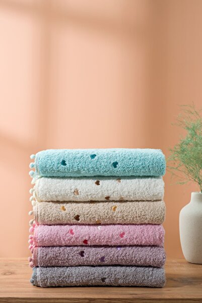 ENESSA 50 x 90 cm Σετ 6 πετσετών προσώπου με πομπόν και καρδιά κεντημένο