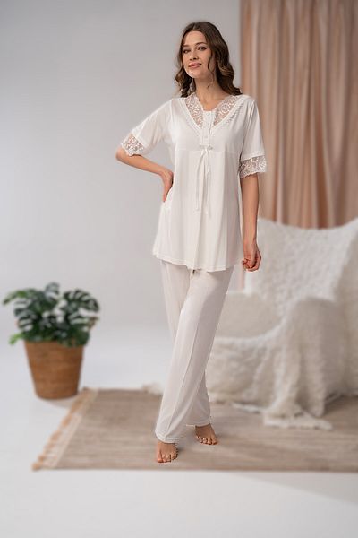Pelin Women's Jacquard Striped Lace Maternity Maternity 3-Piece Pajama Set