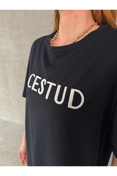 Cappmoda T-907 Black and White Cestud Text Embroidered Short Sleeve Cotton T-Shirt