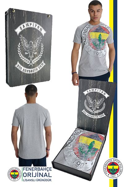 Fenerbahçe Γκρι T-Shirt Tribune - Γνήσιο λογότυπο 6 χρωμάτων με άδεια χρήσης, δώρο ξύλινο άγιο