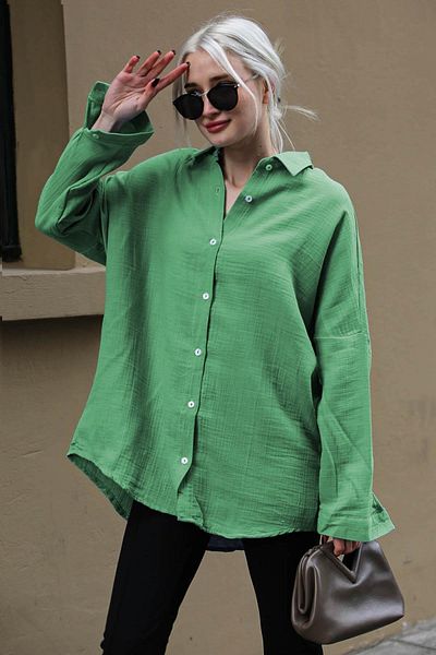 Madmext Cămașă de bază din țesătură muselină verde mușchi pentru femei Mg1660