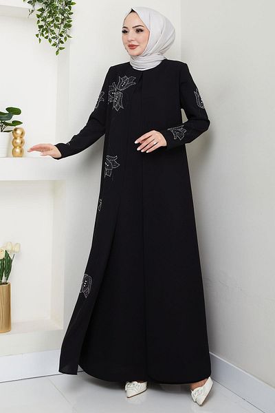 hafsamina Plus Size Tulip Stones Mother Dress Black Hm2692