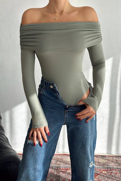 msm fashion Women's Blouse Long Sleeve Off Shoulder Carmen Collar Bottom Snap Bodysuit