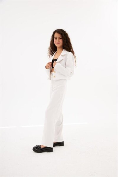 Hilal Akıncı Kids Girl's Gold Button Detailed Ornamental Pocket Crop Jacket Wide Leg Pants 2-Piece Set