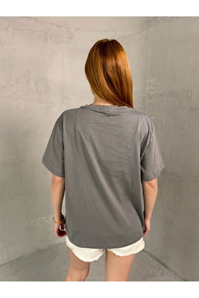 Cappmoda T-911 Smoked Red Heart Embroidered Short Sleeve Cotton T-Shirt