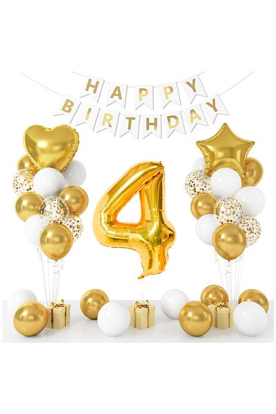 Partile Gold Concept Age Birthday Celebration Set; White Gold Confetti Balloon, Number Star Foil and Banner
