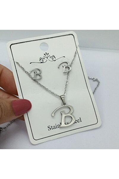 Ödül Moda طقم قلادة قرط بحرف B من الفولاذ