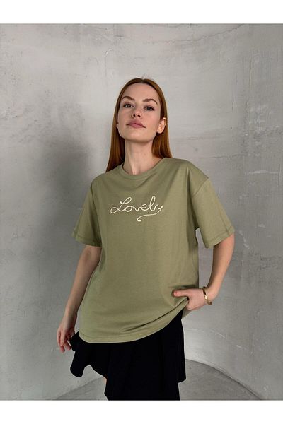 Cappmoda T-904 Χακί Lovely Text Κεντημένο Βαμβακερό Φαρδύ T-Shirt