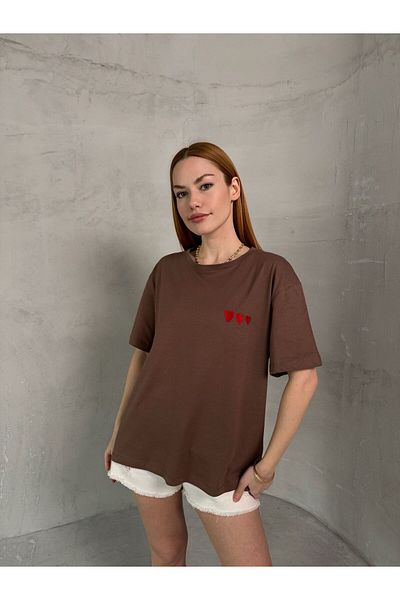 Cappmoda T-911 Καφέ Κόκκινη Καρδιά Κεντημένη Κοντομάνικη Βαμβακερή Μπλούζα