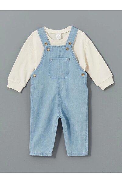 LC Waikiki Lcw Baby Mavi Bisiklet Yaka Erkek Bebek Tişört Ve Jean Salopet 2'li