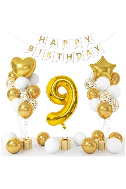 Partile Gold Konsept  Yaş Doğum Günü Kutlama Seti; Beyaz Gold Konfetili Balon...
