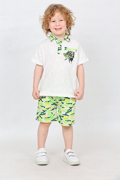 Mollycrush White Green 100% Cotton Boys Camouflage Patterned Suit - Polo Neck T-Shirt and Shorts, Summer Combination