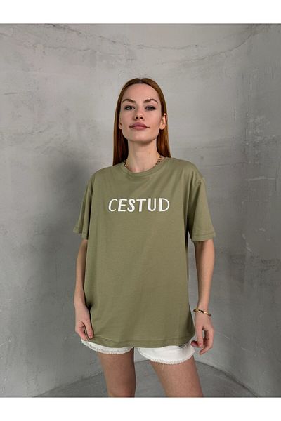 Cappmoda T-907 Χακί Λευκό Cestud Κεντητό κοντομάνικο βαμβακερό μπλουζάκι