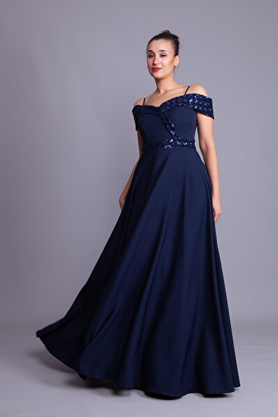 Bidoluelbise Lacivert Askılı Düşük Omuz Kareli Payet Detay Maxi Boy Kloş Abiy...