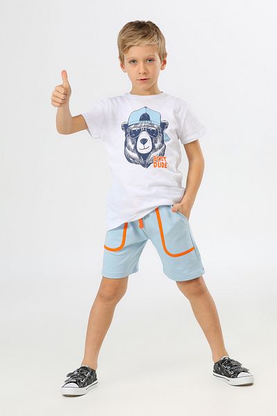 Mollycrush White Blue 100% Cotton Boy's Suit Bear Printed Summer Comfortable Useful Stylish