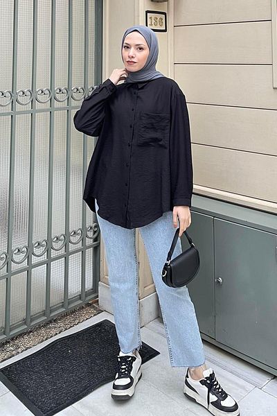 lamelif.com Μαύρο πουκάμισο με μονή τσέπη