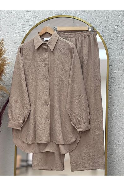 Ebrar Store Ala Crinkle Fabric Pants Suit-Mf0494 Mink