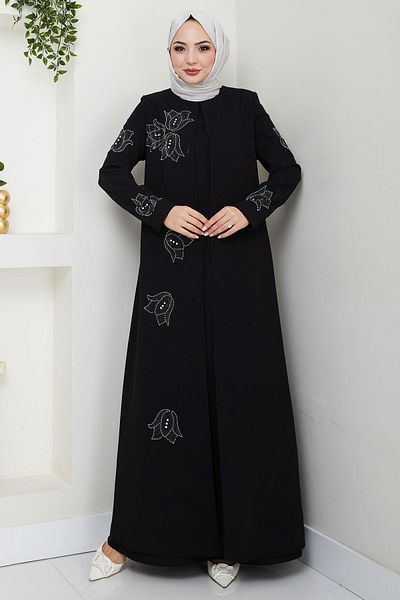 hafsamina Plus Size Tulip Stones Mother Dress Black Hm2692