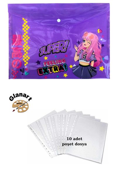 Glanart A4 Size Snap Homework File +10' Bag File Purple