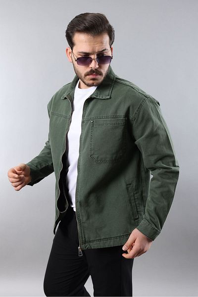 LTC Jeans Ανδρικό τζιν μπουφάν με φερμουάρ, αθλητικό μοντέλο χακί κανονικής εφαρμογής