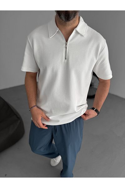 BYBASICMAN تي شيرت أبيض بياقة كبيرة وسحاب KE-7010
