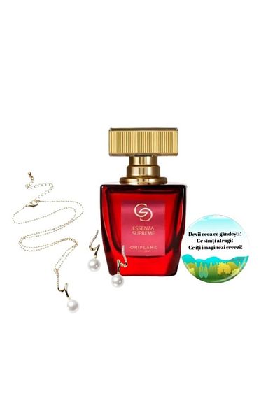 Oriflame Set parfum Giordani Gold Essenza Supreme, bijuterii Hidden Gems Pearl din otel inoxidabil si insigna