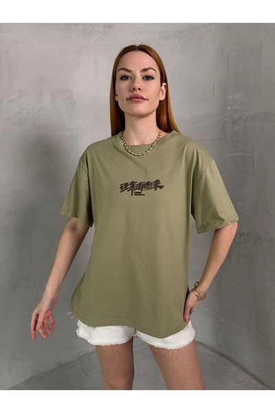 Cappmoda T-908 Χακί Κινέζικη Γραπτή Εκτύπωση Injection Tshirt με λαιμόκοψη