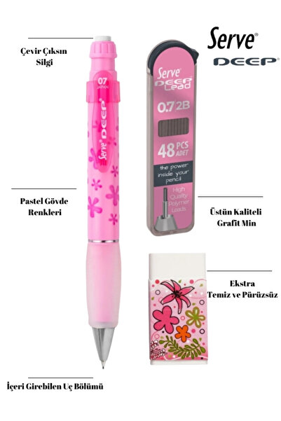 Serve Deep Nature Series School Set 0.7 Mechanical Tip Pencil + 48 Pcs Refill Nibs + Eraser