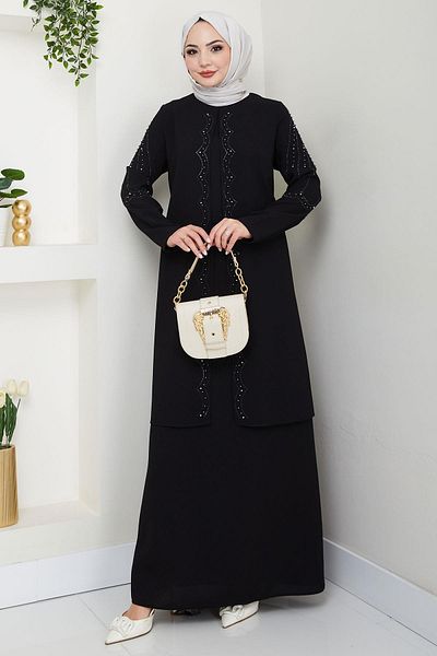 hafsamina Plus Size Mother Dress with Beads and Stones Black Hm2693