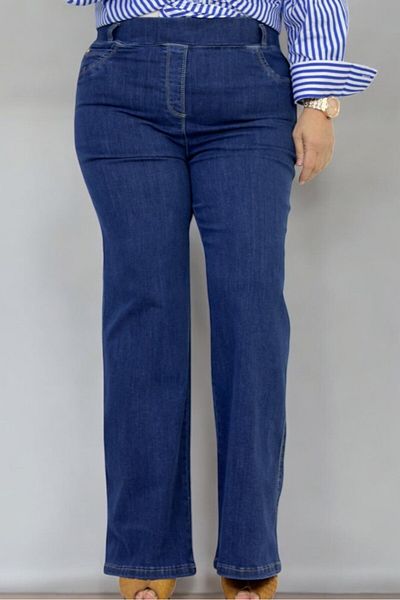 yagmurberen Belted Wide Elastic Spanish Leg Large Size Jean Jeans Trousers Navy Blue