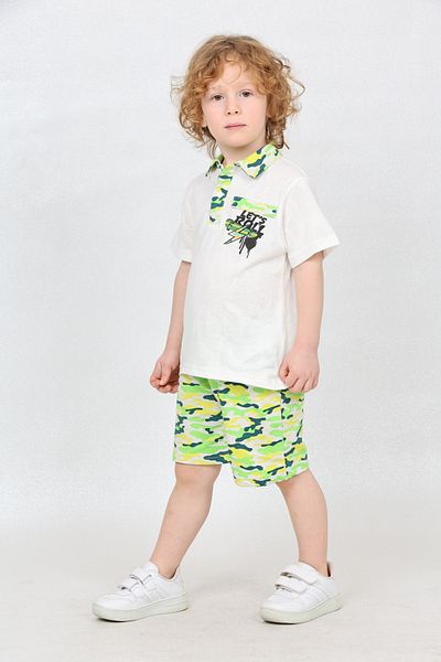 Mollycrush White Green 100% Cotton Boys Camouflage Patterned Suit - Polo Neck T-Shirt and Shorts, Summer Combination