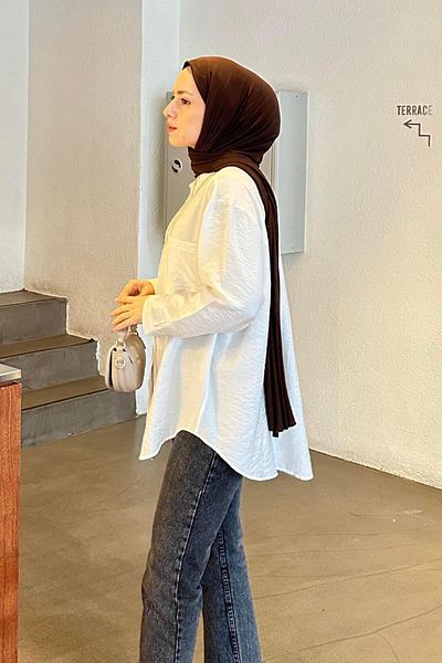 lamelif.com قميص أبيض كبير الحجم بجيب واحد