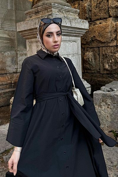MELEK ARAZ Rochie cămașă neagră cu curea largă