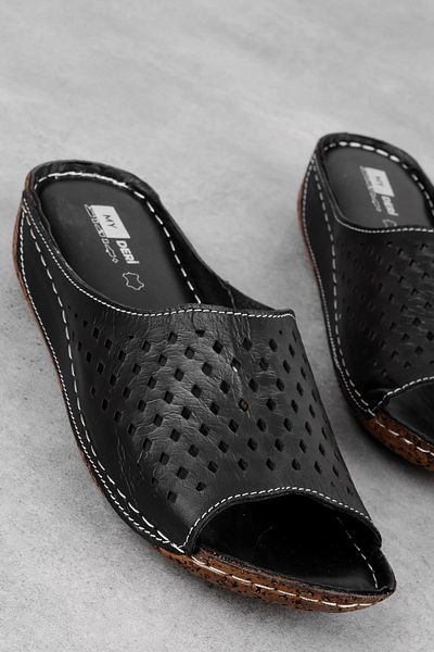 Lal Shoes & Bags Medon Women's Genuine Leather Slippers with Hole Detail-Black