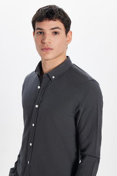 Tudors Мъжка риза Slim Fit Slim Cut от 100% памук и лен, с яка и копчета, опушена