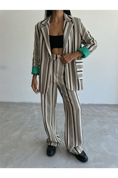 civetta Beige Ottoman Striped Jacket and Trousers Tk