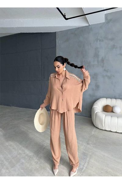 KAZAK    Off Shoulder Shell Shirt - Pants Suit - Beige